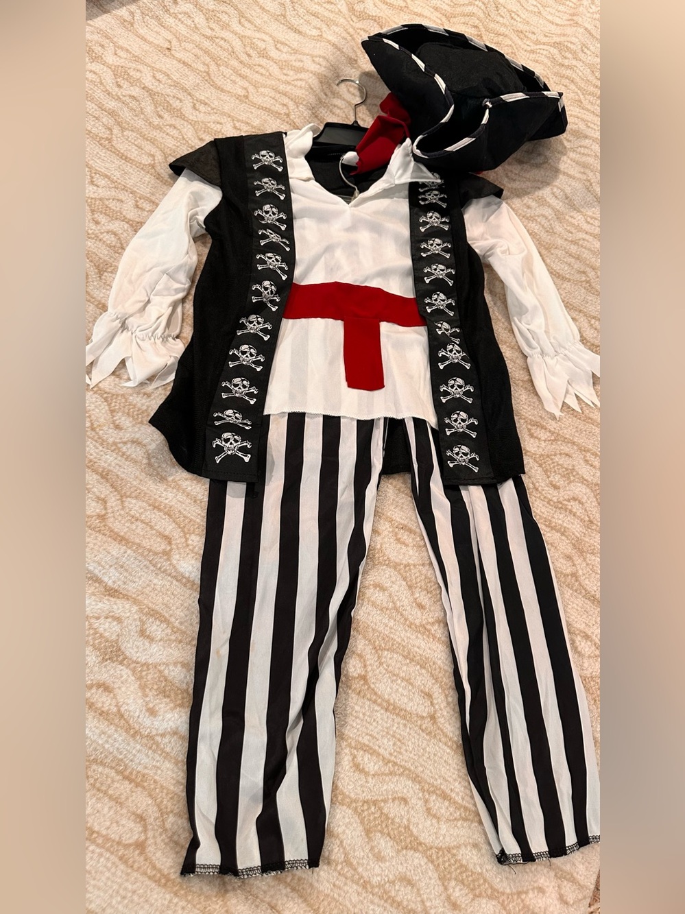 Size 5/6 Kids Pirate Costume with Red Sash - Black & White Stripes